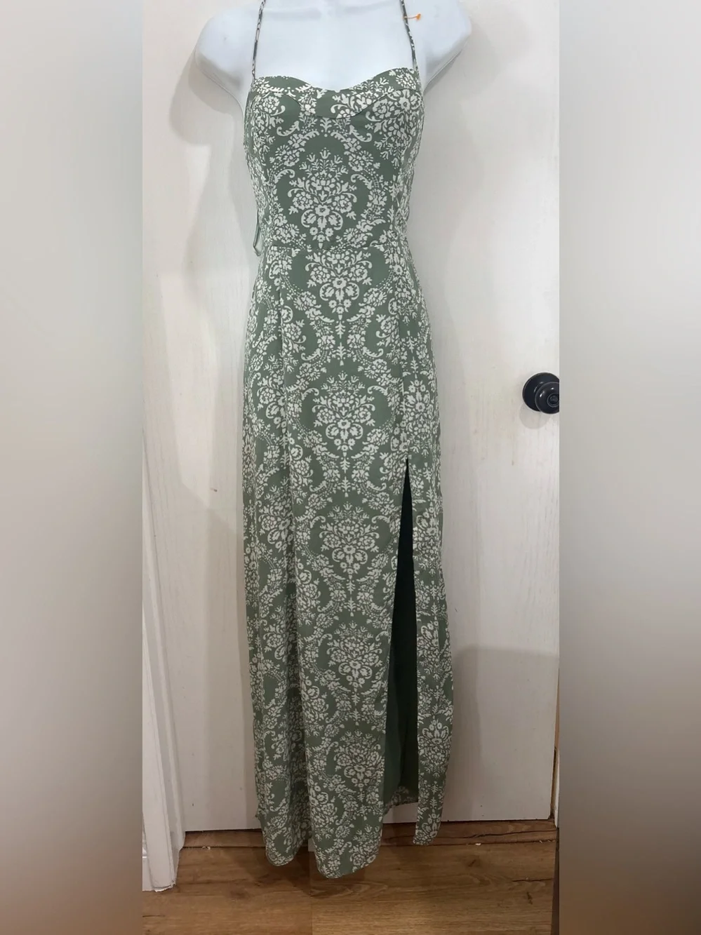 Bohemian paisley Sage Green Floral Halter Maxi Dress